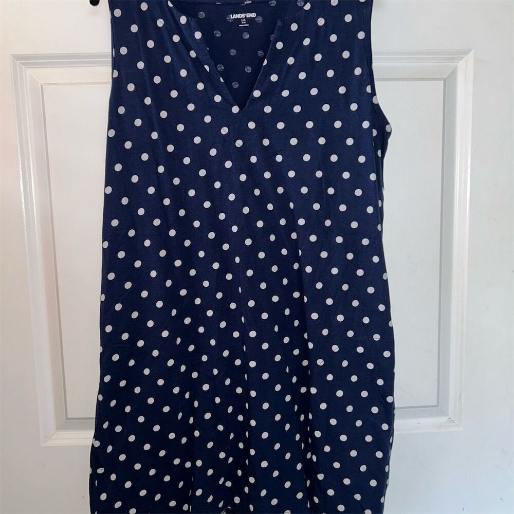 Lands' End Women's L Blue Polka Dot Sleeveless Swim Cover-up Dress